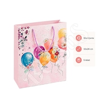 32x26 Cm İthal Çiçekli Balonlu Hediyelik Kağıt Çanta Pembe 5 Adet Tüm Yaşlar