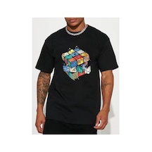 Kübik İllüstrasyon Tasarım Baskılı Kompact T-shirt Siyah