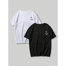 T-shirt - Gülen Yüz Baskılı Oversize Bisiklet Yaka Kısa Kol Tişört Siyah-beyaz
