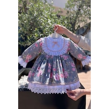 Dantel Süslemeli Çiçek Desenli Nervürlü Kız Çocuk Bebek Elbise 001