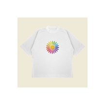 Tarzsokak Rainbow Daisy Baskılı Oversize Unisex Pamuklu Nefes Alan Kalın Kumaşlı Beyaz