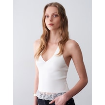 Dilvin 10868 Dantel Detaylı Halter Yaka Triko Bluz-beyaz