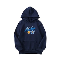 Unisex Oversize Şardonlu Kışlık Aloha Çiçek Baskılı Kapüşonlu Sweatshirt - Lacivert Lacivert