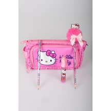 X Dekomus "heart Key Collection" Hello Kitty Lisanslı Kalem Çantası ,kurdele Tepeli Kurşun Kalem,roket Silgi Ve Kalem Seti Açık Gri