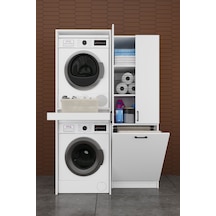 Çamaşır Makinesi Banyo Dolabı Takımı Sepetli %100 Mdf Çekmeceli Çok Amaçlı Kurutma Dolabı Bt01 Beyaz
