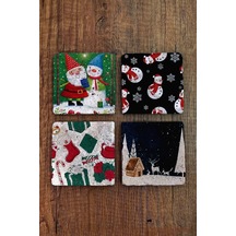 Yeni Yıl - Yılbaşı Doğal Taş Bardak Altlığı Uv Baskılı 4'lü Set - Christimas Çok Renkli