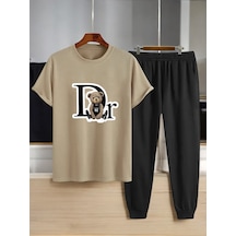 Uyguntarz Unisex Dr: Ayı Tasarım Basklı Tshirt Eşofman Takımı Bej