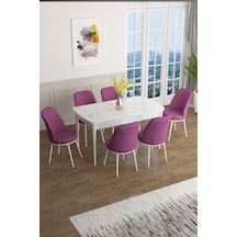 Canisa Concept Han Serisi 70x114 Açılabilir Mdf Mutfak Masası Takımı Beyaz Mermer Desen Masa 6 Mor Sandalye Beyaz