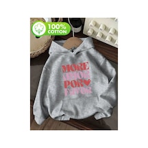 Herkesemoda More Amor Baskı Detaylı İçi Polarlı Kapüşonlu Sweatshirt Gri