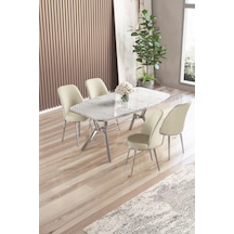 Canisa Lena Serisi 90x160 Lak Panel Beyaz Mermer Desen Kromkaplama Ayaklı Masa Takımı Ve 4 Krem Sandalye Masa Beyaz Mermer Desen Sandalye Krem