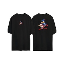 Thewert Unisex Donald Duck Kaptan Amerika Ön Arka Baskılı Sıyah Oversize T-shirt Siyah
