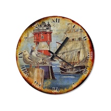 Eski Zeminde Gemi Martlar Ve Deniz Feneri Duvar Saati Çok Renkli