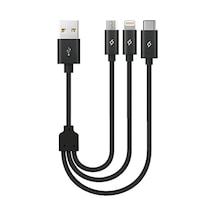 Alumicable Mini Trio Lightning Micro Usb 30cm Şarj Kablosu, Siyah