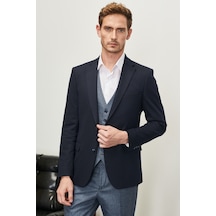 Ac&Co / Altınyıldız Classics Erkek K.lacı Slim Fit Dar Kesim Mono Yaka Ekose Desenli Yelekli Takım Elbise K.lacı Koyu Lacivert
