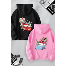 Macklin Sevgili Çift Kombin Mcqueen Ve Sally Baskılı Yılbaşı Özel Tasarım Kapüşonlu Sweatshirt 2li Set Takım Siyah Pembe Mck1552 Çok Renkli