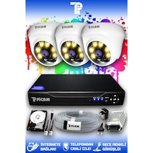 Picam 3 Kameralı Dome 3 İç Kamera Set 100 GB HDD Full HD Renkli Gece Görüşlü Güvenlik Kamerası Sistemi