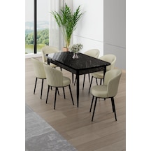 Canisa Asfel Serisi Mdf 77x130 Siyah Mermer Desen Yandan Açılabilir Mutfak Masa Takımı 6 Krem Sandalye Siyah Mermer Masa Krem Sandalye