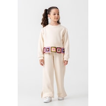Magu Kız Çocuk Pamuklu Ekru Patch Detaylı Sweatshirt Ve Yırtmaçlı Bol Paça Eşofman Takım Ekru