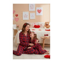 Rindahomewear Anne-kız Kırmızı Ekose Desenli Örme Düğmeli Uzun Kollu Pijama Takımı Kırmızı