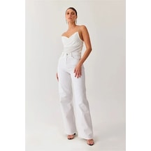 Woddi Trend Jean Yüksek Bel Wide Leg Beyaz Palazzo Pantolon Bol Paça Jeans Likrasız