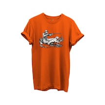 Outdoor Avcılık Avcı Ve Köpek Desenli %100 Pamuk Regular Fit Bisiklet Yaka Unisex T-shirt Turuncu