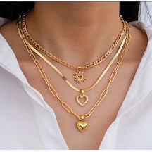 Girift Vintage Alun 3'lü Gold Kalpli Kolye Sarı