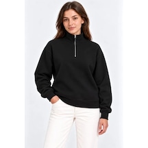 Üç İplik İçi Şardonlu Dik Yaka Yarım Fermuarlı Kışlık Sweatshirt - Siyah