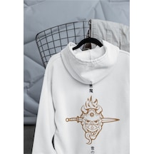 Macklin Unisex Kadın Erkek Japon Yazı Ve Maske Ön Arka Baskılı Özel Tasarım Baskılı Kapşonlu Sweatshirt Beyaz Mck1545 Beyaz