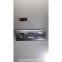 Zena Metalik Gri/telefon Prizi/uydu Prizi/topraklı Priz Çerçeveli Üçlü Takım Elbi Silverline Serisi