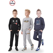 Fyk Kids 3'lü Yuvarlak Yaka Baskı Detaylı 6 Parça Erkek Çocuk Eşofman Takımı Füme - Siyah