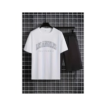Medinenur Losangels Baskılı T-shirt Short Bol Paça Rahat Kalıp Siyah Alt Siyah Üst Short Takım Beyaz