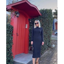 Kadın Yarım Balıkçı Yaka Süet Kumaş Fırsat Ürün Midi Boy Elbise Siyah