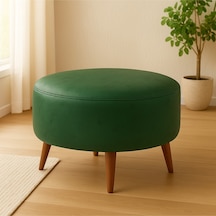Azra Mobilya Yeşil Yuvarlak Deri Puf 60 Cm Çap, 46 Cm Yükseklik, Modern Ceviz Ayaklı Yeşil