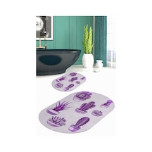 Buççin Online Mağaza Baskılı Kaymaz Taban Yıkanabilir Kaktüs Desen Oval Banyo Paspası 2'li Klozet Takımı Polyester Çok Re Çok Renkli