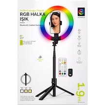 Exenar - Siyah - Rgb Halka Işık Uzun Tripod Selfie Çubuğu 1.9m-1200 Mah Şarjlı Kumandalı Ring Light Telefon Tutucu