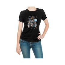 Astronot Uzay Karışık Baskılı Siyah Kadın Tshirt