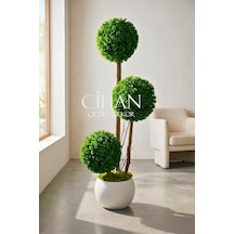 Yapay 3'lü Şimşir Top Ağacı 150 Cm 35 Cm Çap Uv Dayanımlı 27x33 Beyaz Küre Saksı