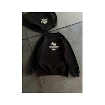 Kadın 3 İplik Pamuklu Bisiklet Yaka Baskılı Sweatshirt - Siyah