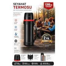 1.200ml Seyahat Termosu 304 Paslanmaz Çelik 24 Saat Sıcak Soğuk Koruma 18/8 Bpa İçermez 3 Katmanlı Vakum İzalasyon Çift Duvar Bakır Kaplama 2 Yıl Garantili-kamp-ofis-okul-seyahat-yolculuk-için İdeal Siyah