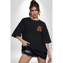 Game Oyun Alanı Siyah Oversize Unisex Ön Sol Yan Minimal Baskılı Tişört Koyu Siyah