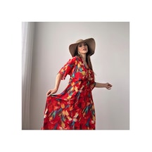 Asur Boutique Asur Butik Kadın Çiçek Desenli Renkli Viskon Kumaş Yırtmaçlı Elbise Kırmızı