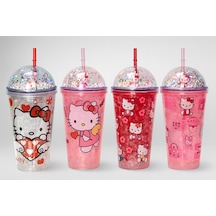 Sevimli Hello Kitty Pipetli Işıklı Boncuklu Suluk Bardak 400 Ml Çok Renkli