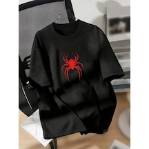 Kadın Kısa Kol Yazlık Tişört Bisiklet Yaka Spider Baskılı T-shirt - Siyah
