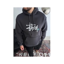 Erkek Üç İplik Kapşonlu Baskılı Sweatshirt - Füme
