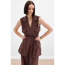 Sateen Kuşaklı Uzun Yelek - Kahve-136172 Kahve
