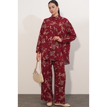 Bigdart Kadın Desenli Oversize Gömlek Pantolon İkili Takım 30098 - Bordo