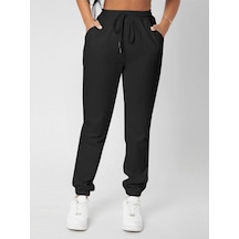 Unisex Siyah 2iplik Paçası Lastikli Jogger Eşofman Altı Siyahlastikli