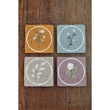 Doğal Taş Bardak Altlığı 4'lü Set - Çiçek Desenli - Stone Coasters Çok Renkli