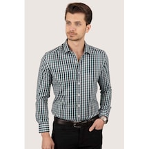 Yeşil Lacivert Kareli Slimfit Erkek Kutulu Gömlek Yeşil - Lacivert