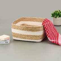 Living Boho Style Büyük Kağıt İp Sepet - Bej / Beyaz - 28x28x14 Cm Çok Renkli
